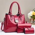 Three-piece red crocodile pattern handbag set with glossy patent leather finish - Rose Red