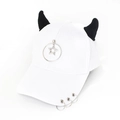 Detail of white baseball cap with black demon horns and silver metal star charm pendant - Pentagram White