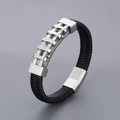 Bracelet en cuir tressé noir pour homme avec plaque en acier inoxydable argent - 19cm / Style d'Échelle Industrielle-Couleur Acier (Style A Acier KB166257-KFC)