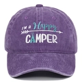 Detailed view of Happy Camper embroidery on purple washed cotton baseball cap texture - Adjustable / Purple