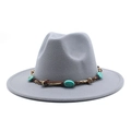 Detail of grey fedora with ethnic band featuring turquoise beads and metal chain - M (56-58cm) / Light Gray