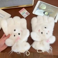 Guanti bianchi di peluche a forma di cane con fiocchi rosa e cordino antivento da collo - Stile a cinque dita