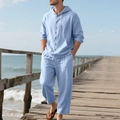 Men's light blue linen beach set featuring a hooded long-sleeve shirt and matching trousers - Light Blue