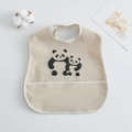 Waterproof baby feeding bib in beige with cute panda print and food catcher pocket - Pu Bib (double-layered) - Mother And Cub Panda Bib / One Size