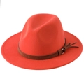 Red wool fedora hat with a brown leather decorative band and metal buckle for unisex - Orange