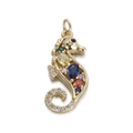 Detailed macro shot of golden seahorse pendant with colorful crystals and rhinestones - Multicolor Seahorse/YSN088-08