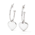 Silver-finish C-shaped hoop earrings with white mother-of-pearl heart charms - Silver White Style (PDE933)