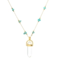 Elegant gold necklace with turquoise beads and a clear hexagonal crystal pillar pendant - Turquoise Style (N2834-GO-B)