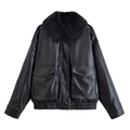 Women's black PU leather jacket featuring a thick faux fur collar and large pockets - XS / Black