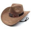 Brown wool western cowboy hat with metal bull head emblem and adjustable chin strap - M (56-58cm) / Light Coffee