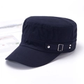 Detailed side view of navy blue flat top military cap with metal adjustable buckle - Adjustable / Navy Blue