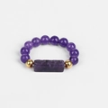 Detail showing 4mm purple bloodstone beads and rectangle stone on an elastic ring - Amethyst