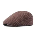 Men's vintage cotton newsboy cap in dark brown plaid finish with breathable fabric - Adjustable / Coffee