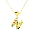 Detailed close-up of gold pendant necklace with colorful cubic zirconia stones and letter N - Letter-N