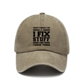 Retro washed cotton khaki baseball cap with I Fix Stuff and I Know Things slogan print - Adjustable / Khaki (I FIX)