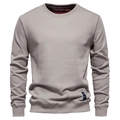 Detailed close-up of light grey crewneck sweatshirt with ribbed collar and brand tag - Light Gray