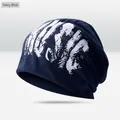 Navy blue slouchy beanie with white graffiti print design for a stylish street look - Music Style / Navy Blue