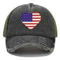 Distressed wash baseball cap with heart American flag print and mesh back panels - One Size / Army Green