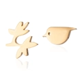 Asymmetric gold bird and leaf stud earrings featuring a high-polish minimalist design - 139 Gold