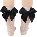 White mesh fishnet socks for girls with large black bow accents in a classic British style - One Size (Parent-Child) / White Fishnet / Black Bow