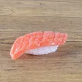 Realistic PVC salmon nigiri sushi model on wooden background with 6cm size mark - Sea Fish Sushi (Small) / Red