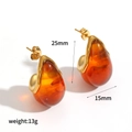 Pendientes de resina ámbar y acero inoxidable chapado en oro de 18k, diseño de 25 mm - Estilo Gota de Agua Ámbar (TE60669-BR)