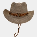 Handwoven western cowboy straw hat with turquoise bead band and adjustable chin strap - M (56-58cm) / Dark Brown
