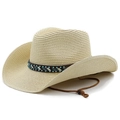 Breathable beige wide brim straw fedora hat with turquoise beads and chin strap - Beige