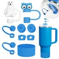 Blue silicone accessory kit with polar bear and monster straw covers for water bottles - Blue Polar Bear & Monster Set