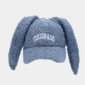 Detail showing plush teddy fleece texture and Colorado embroidery on the baseball cap - Adjustable / Fog Blue