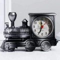 Vintage train engine table clock in dark grey metallic finish with quartz movement dial - Silver Train Alarm Clock