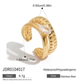 18K gold plated stainless steel textured ring with oval cubic zirconia stone - Stainless Steel / Gold Oval Zirconia Ribbed Ring (JDR0104017)