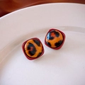 Detailed macro view of retro square leopard print earrings with deep red border - 37# Red Border Square Leopard
