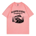 Pink crew neck T-shirt with alligator print and Alcatraz text on cotton fabric - Light Pink
