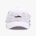 White distressed baseball cap with black letter embroidery and silver ring accent - White