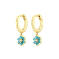 Macro detail of gold flower hoop earrings featuring turquoise stones and a zircon center - Gold with Turquoise Flower Drop Earring