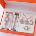 Elegantes 5-teiliges Schmuckset mit roségoldener Uhr und funkelndem Kristallschmuck - Roségold Weißes Rechteck Set (Ohne Box)