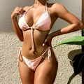 Pink textured two-piece bikini set with triangle halter top and side-tie bottoms - S / Pink