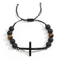 Mens adjustable beaded bracelet featuring tiger eye stone, black lava rock and cross charm - Tiger Eye & Lava Woven Style