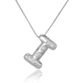 Close-up of silver letter I pendant with white zircon stones on a box chain - Letter I