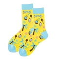 Vibrant yellow crew socks with blue trim featuring cupcake and palm tree prints - 36-43 / Yellow / Coconut Tree & Dessert (3955C)