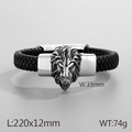 Men's braided black leather bracelet with silver stainless steel lion head emblem - Silver Lion Head Wide Version (KB80477-BD)