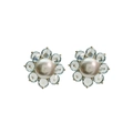 Elegant gold flower stud earrings with a pink pearl center and blue crystal petals - Light Blue