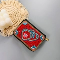 Red bohemian handmade beaded card wallet with floral heart embroidery and gold zipper - No.13 (Red Heart)
