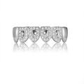 Silver hip hop grillz featuring four diamond-set teeth and polished geometric finish - Lower / Silver