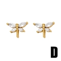Gold dragonfly stud earrings featuring marquise cut cubic zirconia wings on white background - D-Dragonfly (White)
