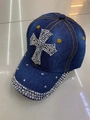 Dark blue denim baseball cap with rhinestone cross pattern and yellow contrast stitching - Cross