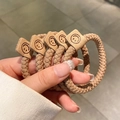 5-piece set of khaki and brown woven hair ties with smiley face leather patch accents - Mesh Smile Tag / Light Coffee Mesh Smile