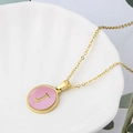 Gold stainless steel necklace with round pink shell pendant featuring letter J - Pink-J