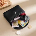 Genuine black lychee leather coin purse with silver zipper and multi-card storage - Black (Double Layer)
